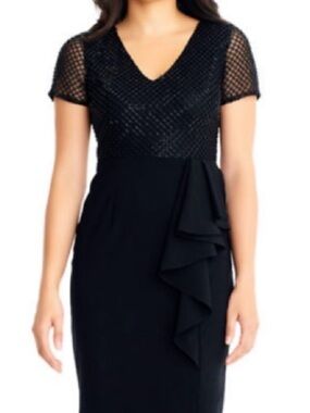 Adrianna Papell Black V-Neck Midi Dress with Textured Bodice